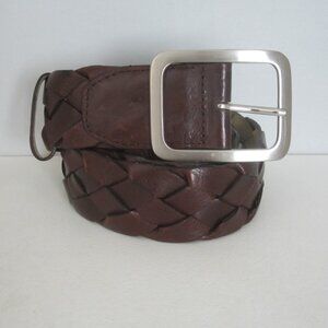 New Talbots Womens Medium Brown Braided Leather Belt Brass Buckle 34" - 38"